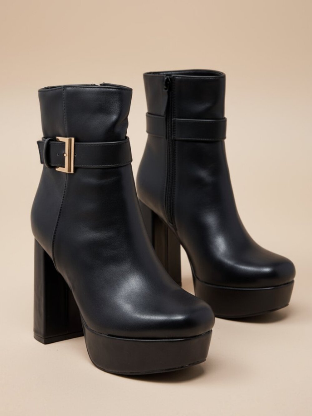 Women’s Platform Ankle Boots Chunky Block Heel Gold Buckle Strap PU Booties